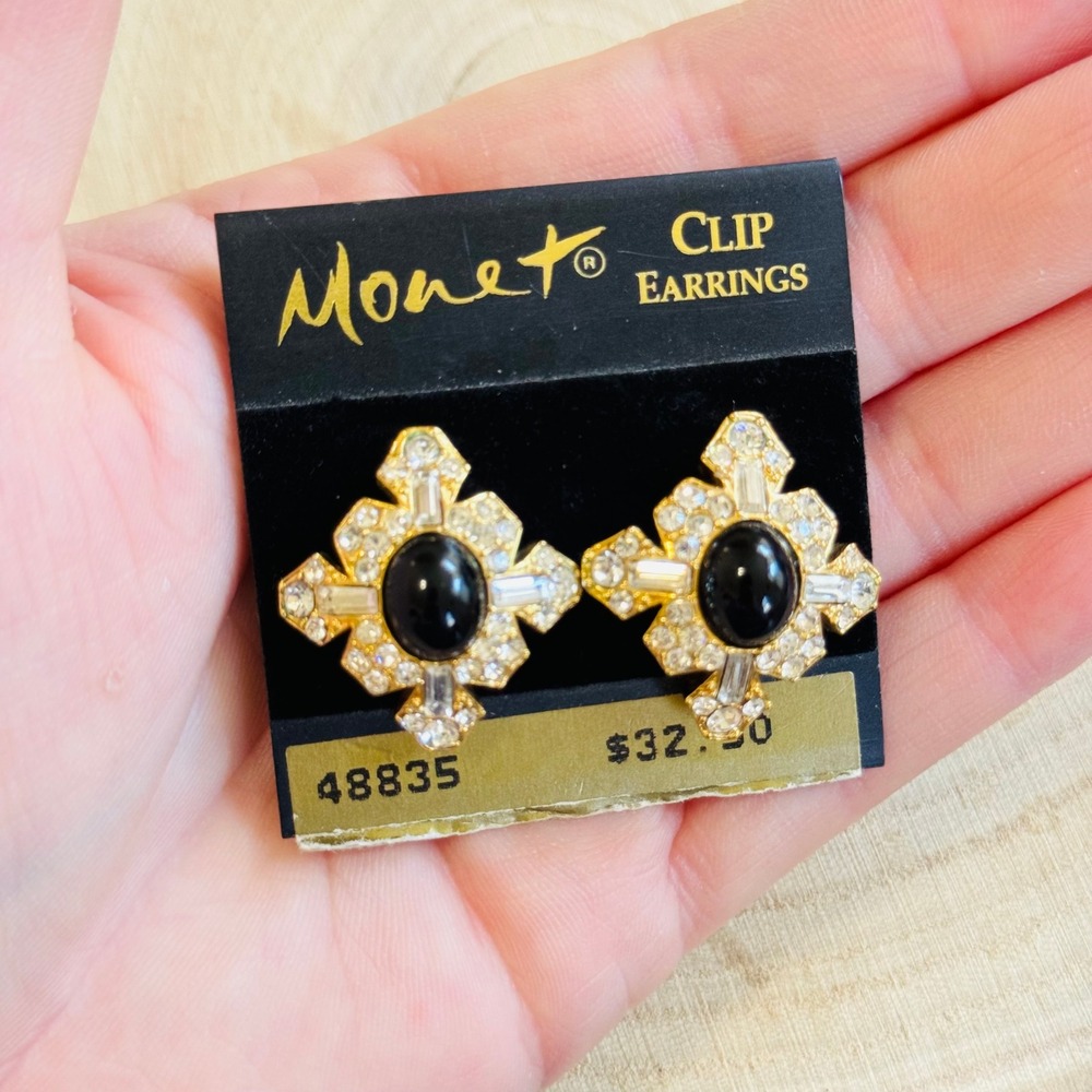 Monet Jeweled crystal Regal Maltese Cross Earrings clip cabochon Gold tone rare